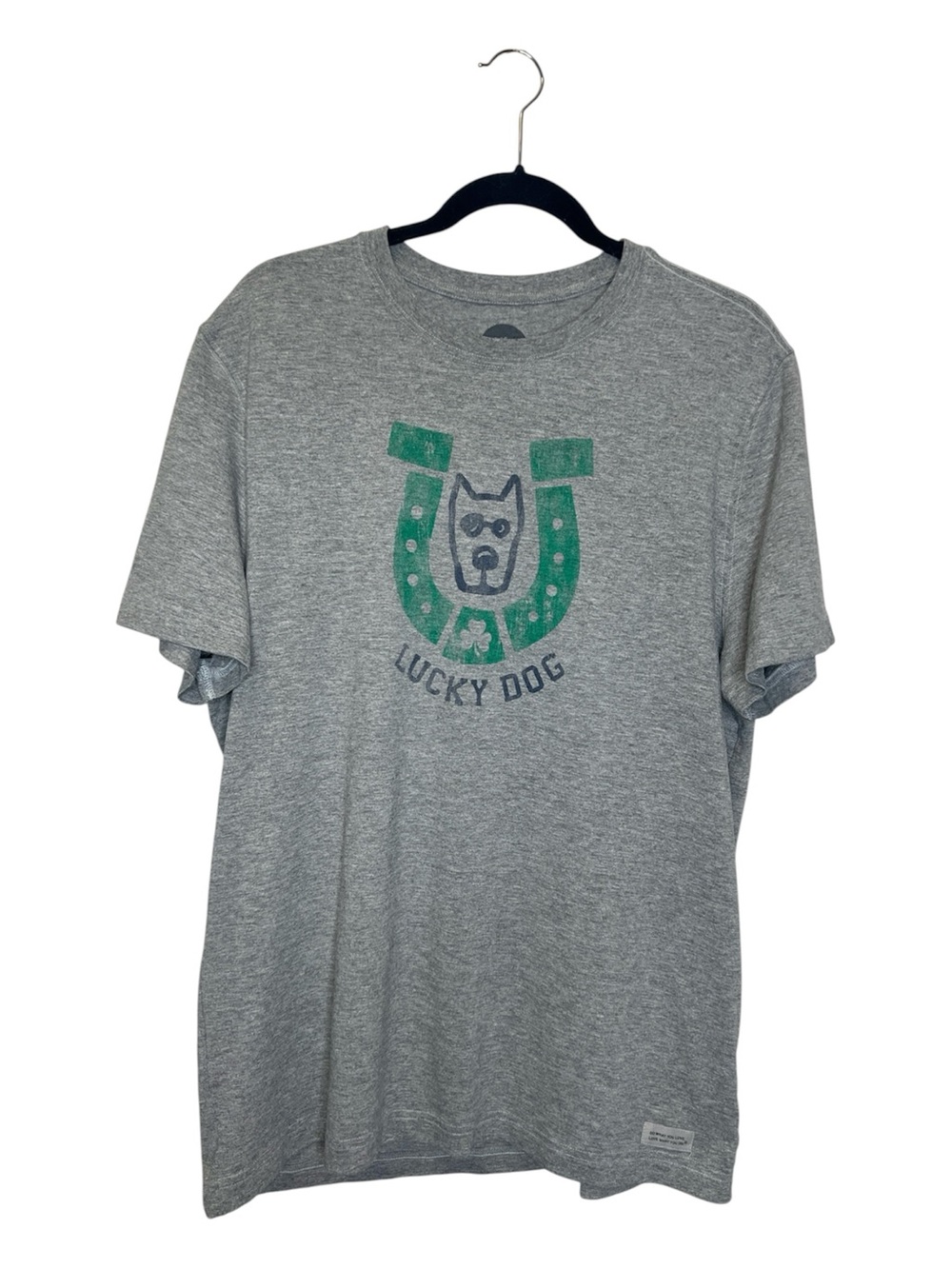 LIFE IS GOOD Lucky Dog Horseshoe Gray and green Tee size Large